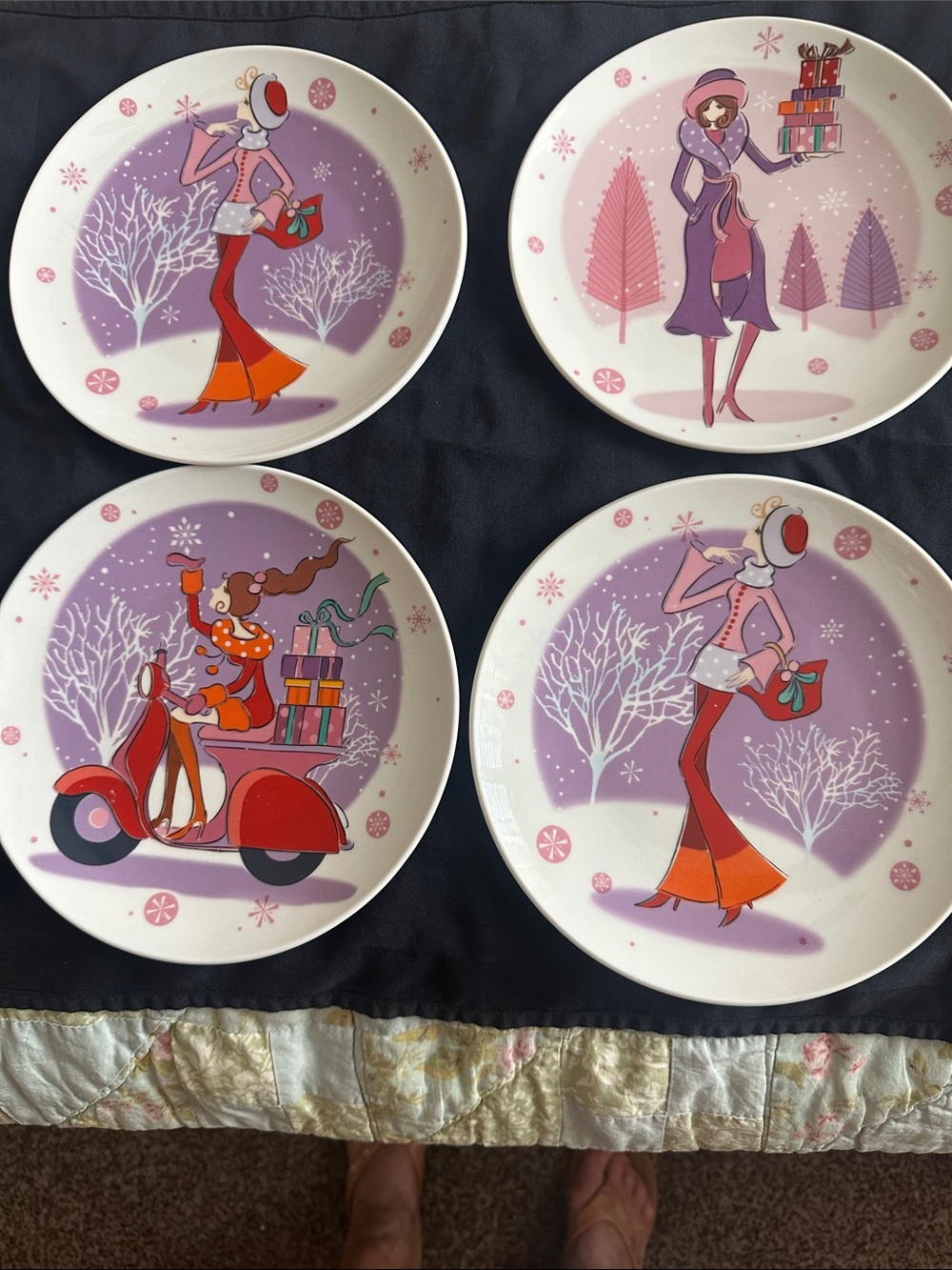 Set of 4 Holiday Dinner Plates in Pink and Purple – Fashion Illustration Design